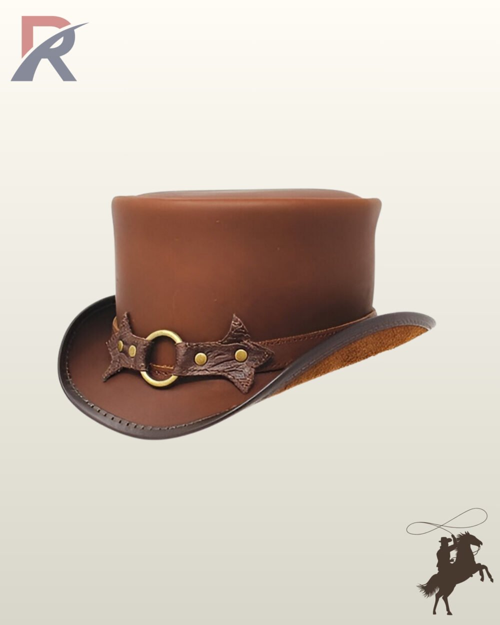 Handcrafted tan leather top hat showcasing a curved brim silhouette, suede brim underside, and studded brass O-ring hatband emblem.