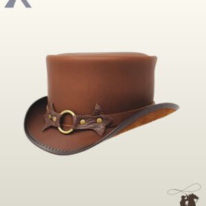 Handcrafted tan leather top hat showcasing a curved brim silhouette, suede brim underside, and studded brass O-ring hatband emblem.