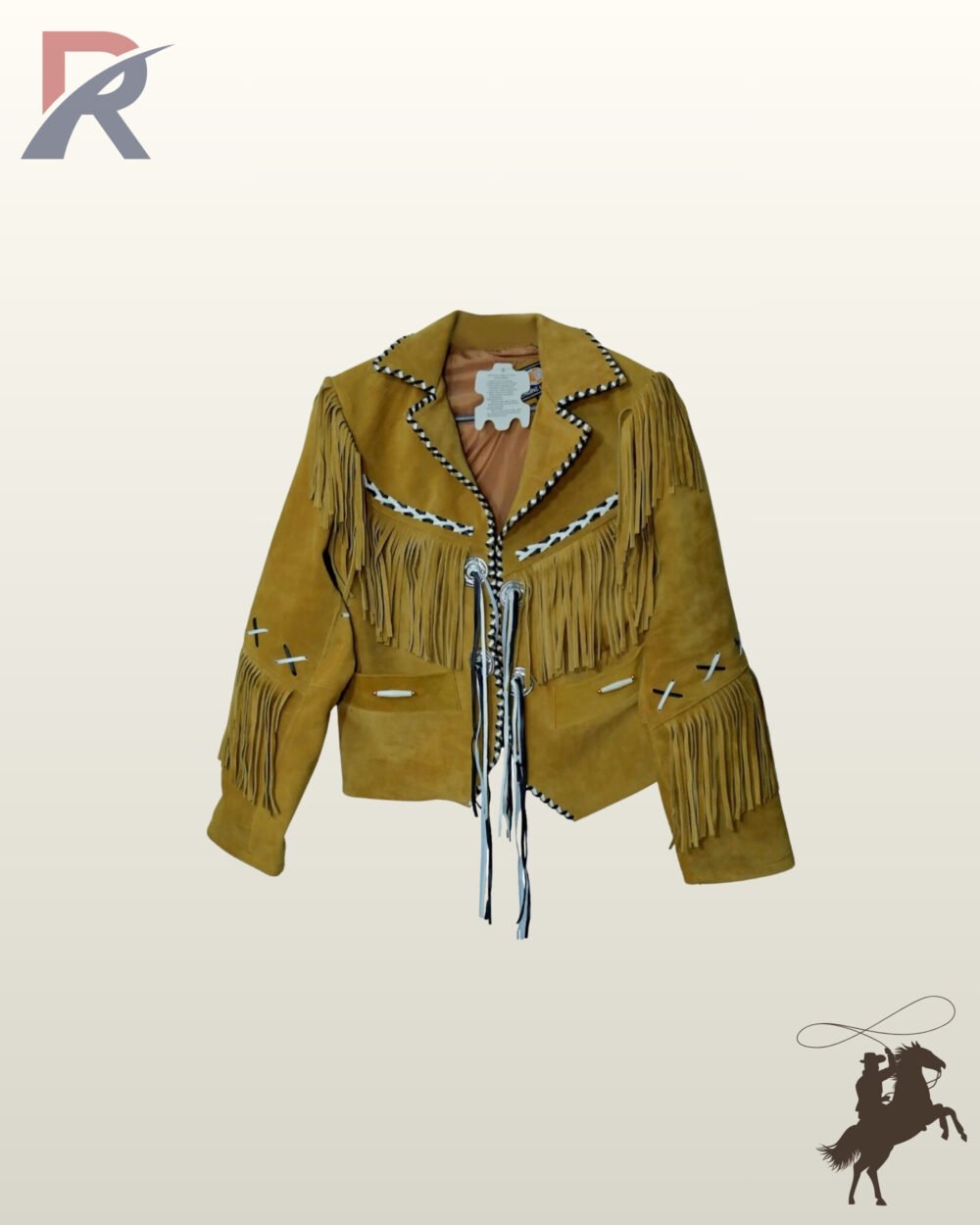 Native American style ocher yellow suede cowgirl coat with notched lapels, chest fringe trim, silver conchos, and cross-laced sleeve accents.