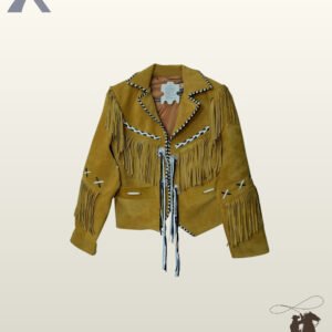 Native American style ocher yellow suede cowgirl coat with notched lapels, chest fringe trim, silver conchos, and cross-laced sleeve accents.