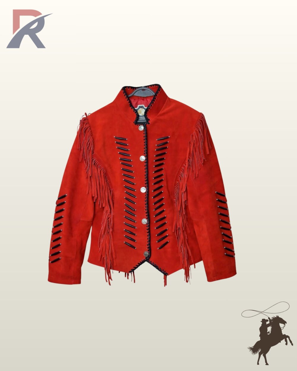 Native American style red suede cowgirl coat with black bone beadwork, whipstitched collar edges, and silver concho button closures.