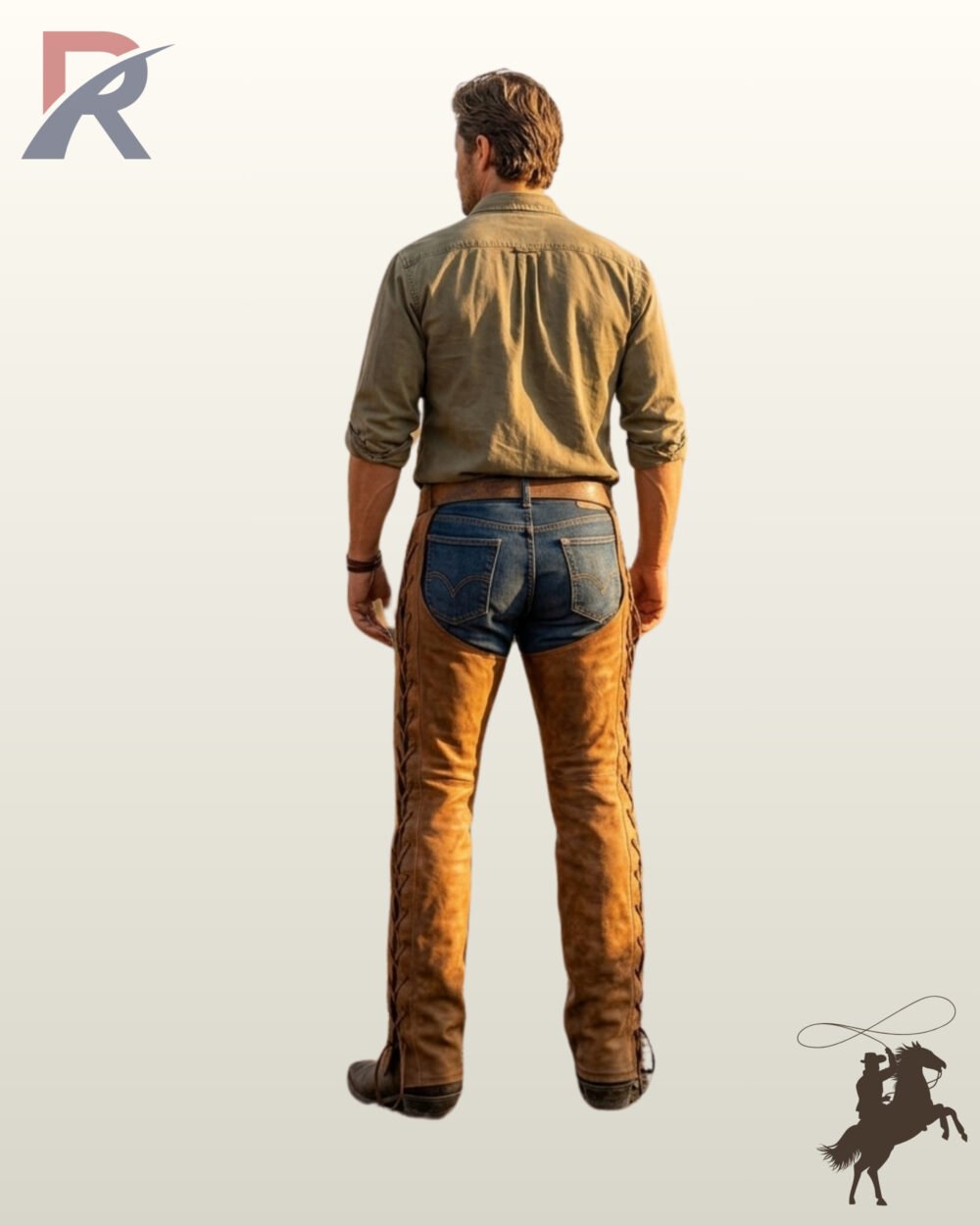 Back perspective of men's handcrafted western suede leather chaps with full-length outer leg lacing and a waist buckle strap.