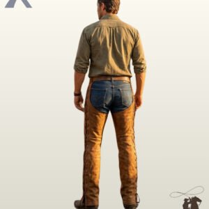 Back perspective of men's handcrafted western suede leather chaps with full-length outer leg lacing and a waist buckle strap.