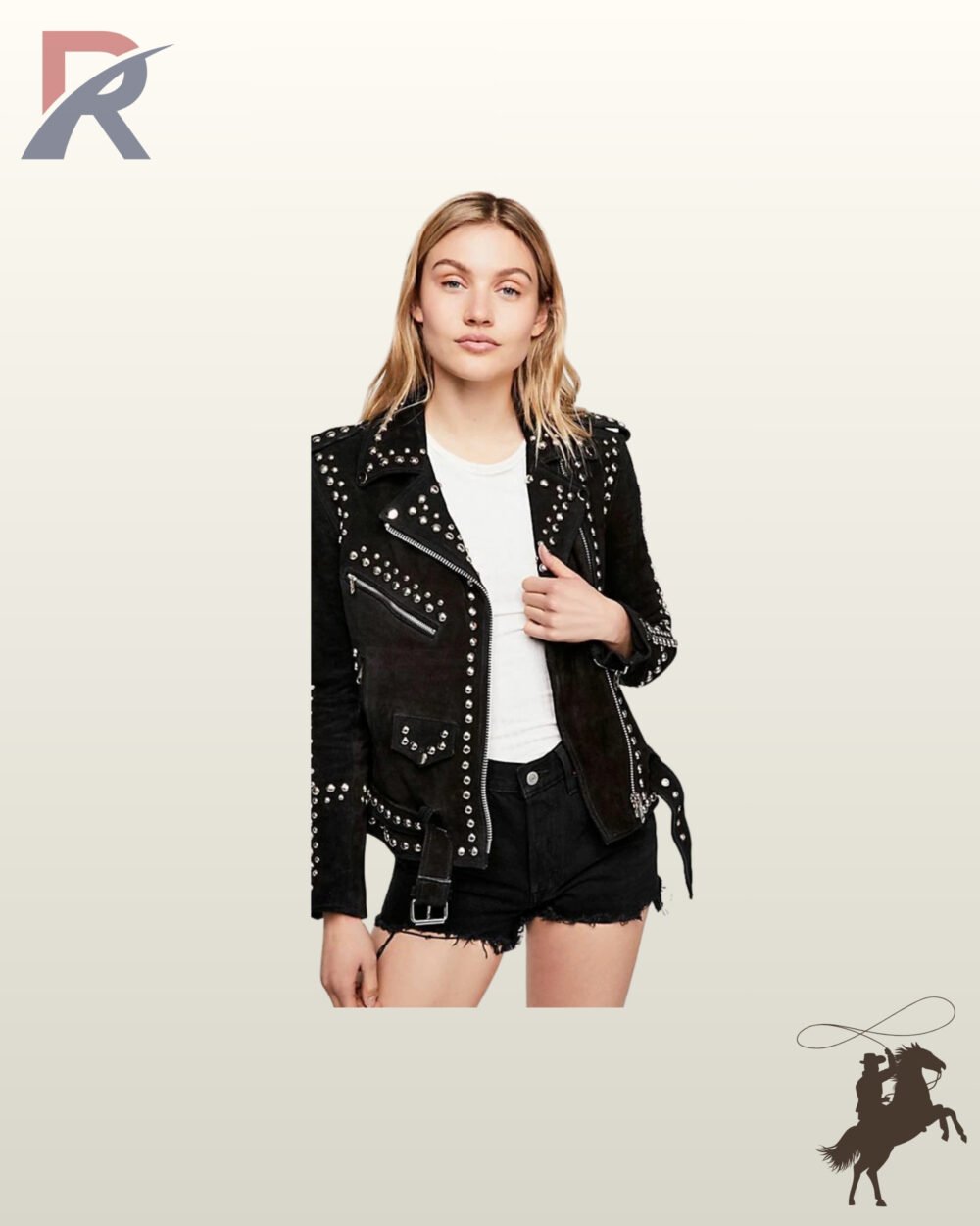 Women's heavy studded black suede biker jacket featuring silver metal rivets on lapels, shoulders, and pockets styled with a white tee and black shorts.