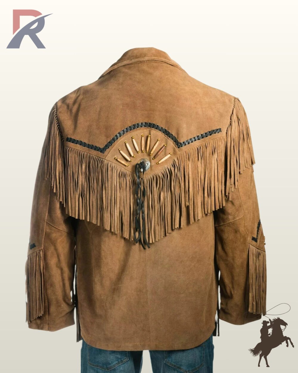 Back profile of a classic men's tan suede cowboy coat showing structured shoulder yokes, black braided trim, long back fringe, and sleeve tassels.