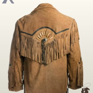 Back profile of a classic men's tan suede cowboy coat showing structured shoulder yokes, black braided trim, long back fringe, and sleeve tassels.