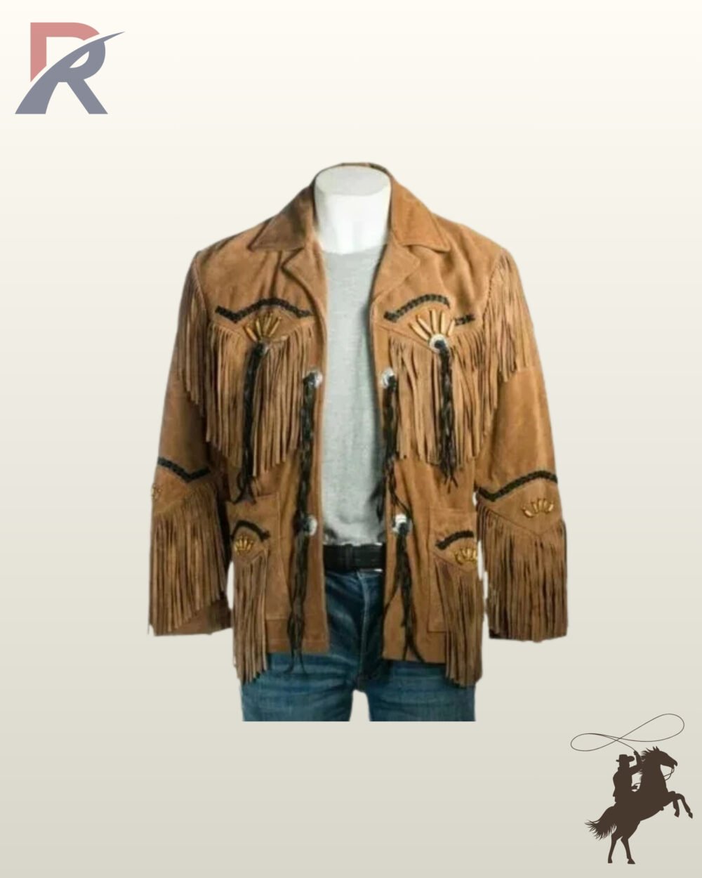 Men's tan suede cowboy coat with chest fringe, bone bead details, dark braided trim, and long leather tassels styled over a grey t-shirt and jeans.