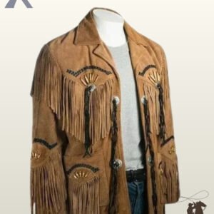 Three-quarter angle view of a men's tan suede western jacket showcasing bone pipe beadwork, fringed patch pockets, long sleeve tassels, and black whipstitched accents.