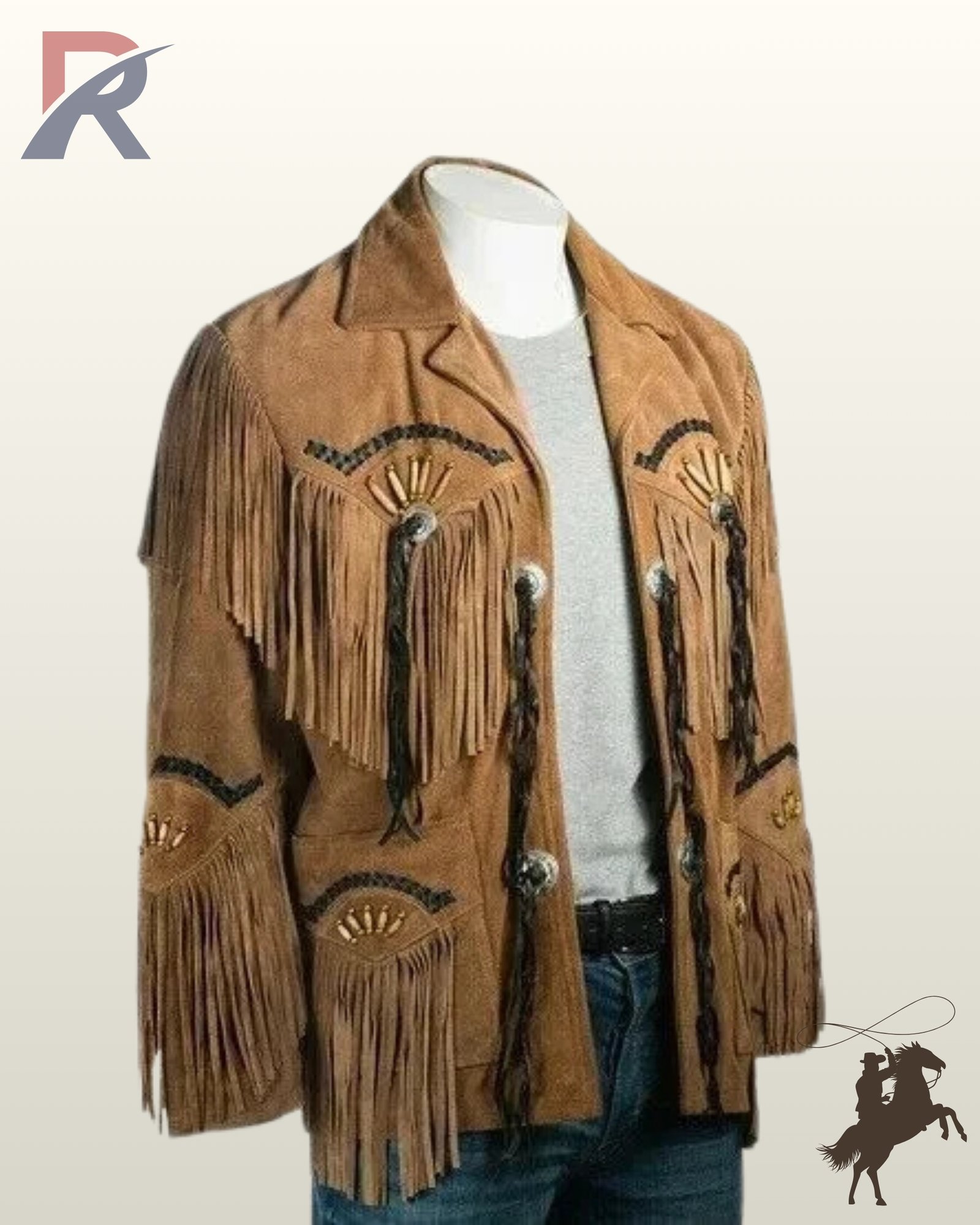 Three-quarter angle view of a men's tan suede western jacket showcasing bone pipe beadwork, fringed patch pockets, long sleeve tassels, and black whipstitched accents.