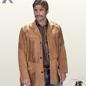 Front view of a model wearing a men's tan suede western fringe coat with bone pipe bead accents, beaded shoulder strips, and fringed patch pockets.