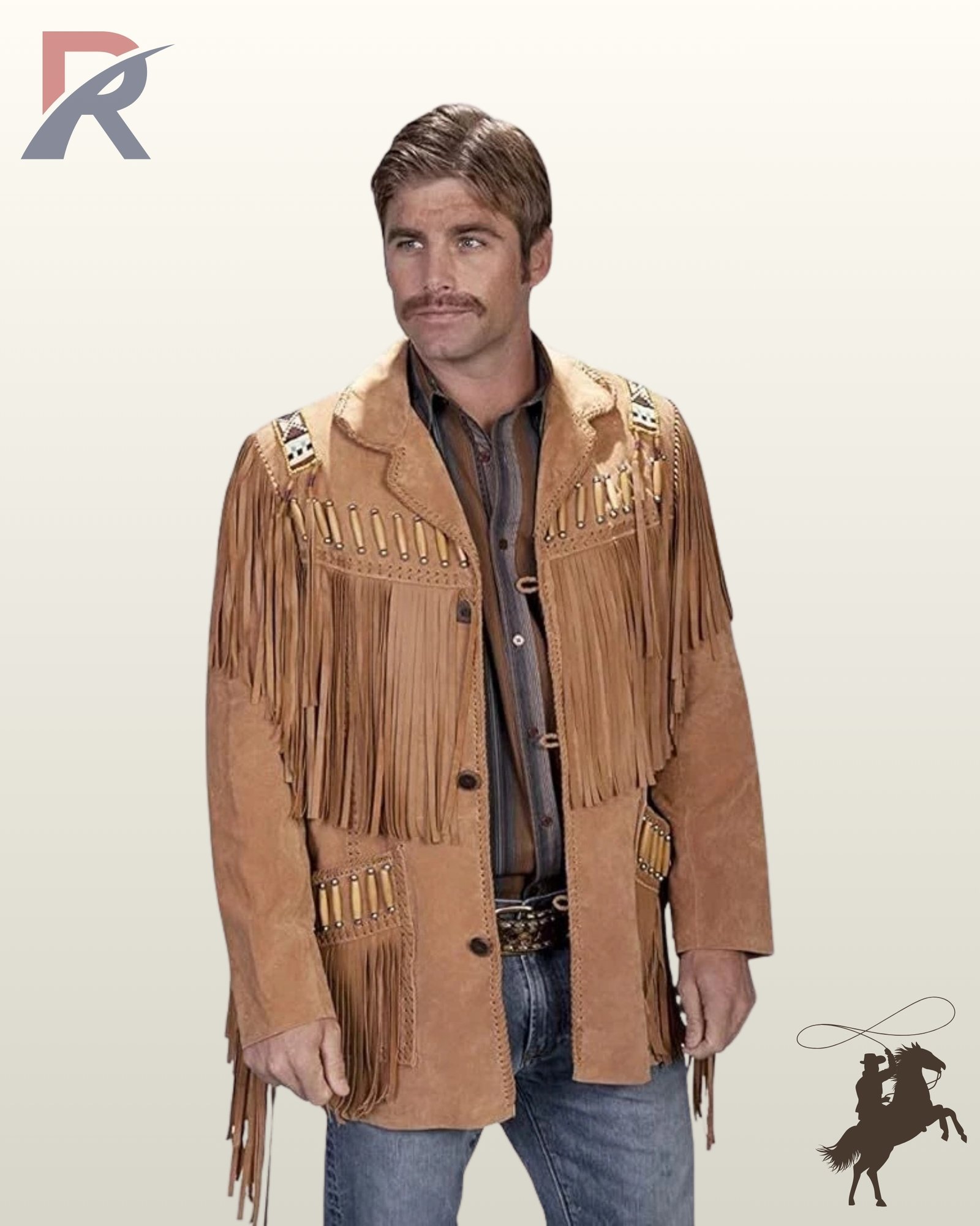 Front view of a model wearing a men's tan suede western fringe coat with bone pipe bead accents, beaded shoulder strips, and fringed patch pockets.