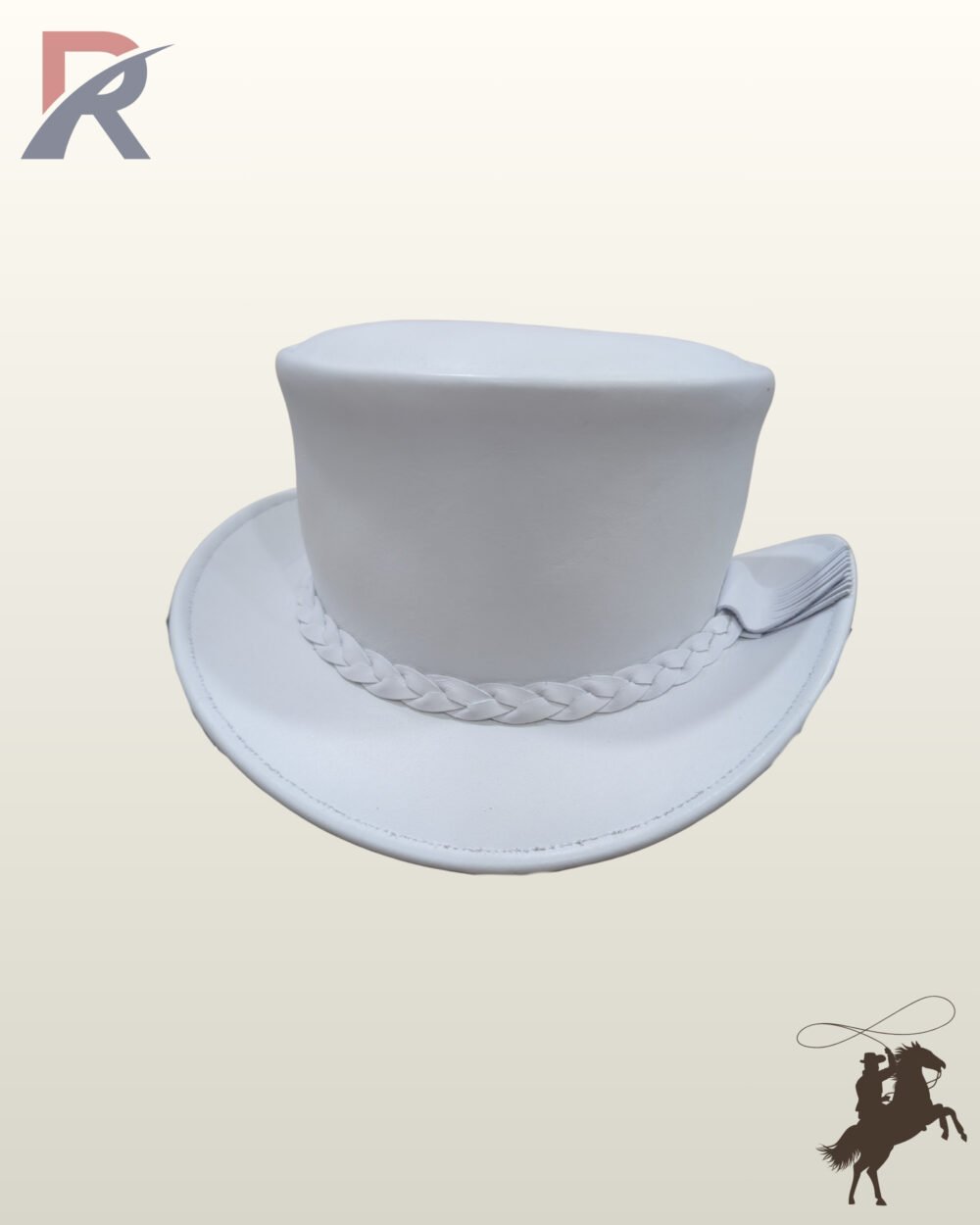 Three-quarter front view of a white leather steampunk top hat featuring a braided leather hatband with a side leather fringe tassel accent.