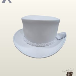 Three-quarter front view of a white leather steampunk top hat featuring a braided leather hatband with a side leather fringe tassel accent.