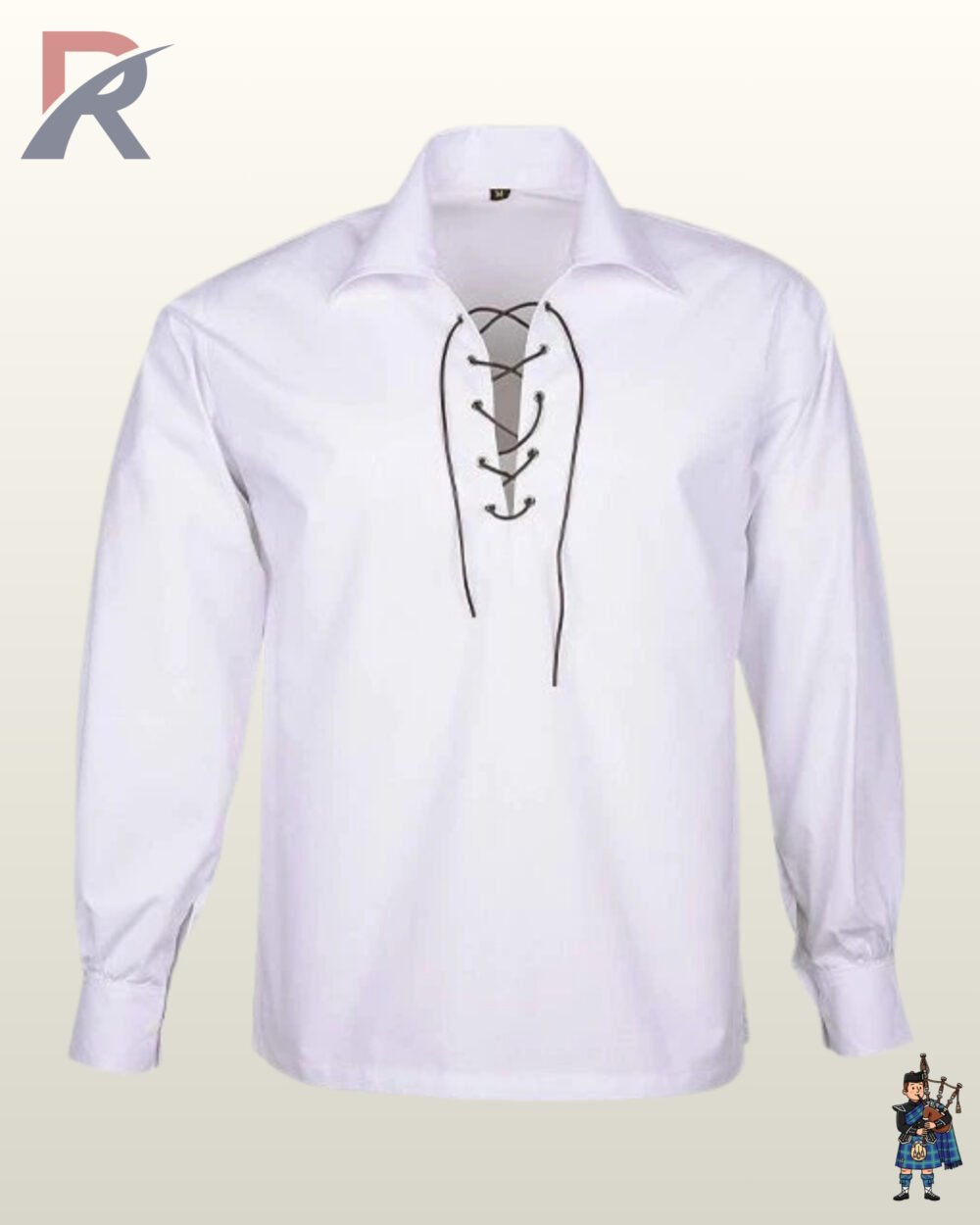 Traditional Scottish white highland ghillie shirt with long puffed sleeves, buttoned cuffs, and a drawstring collar.