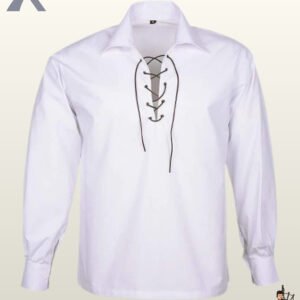 Traditional Scottish white highland ghillie shirt with long puffed sleeves, buttoned cuffs, and a drawstring collar.