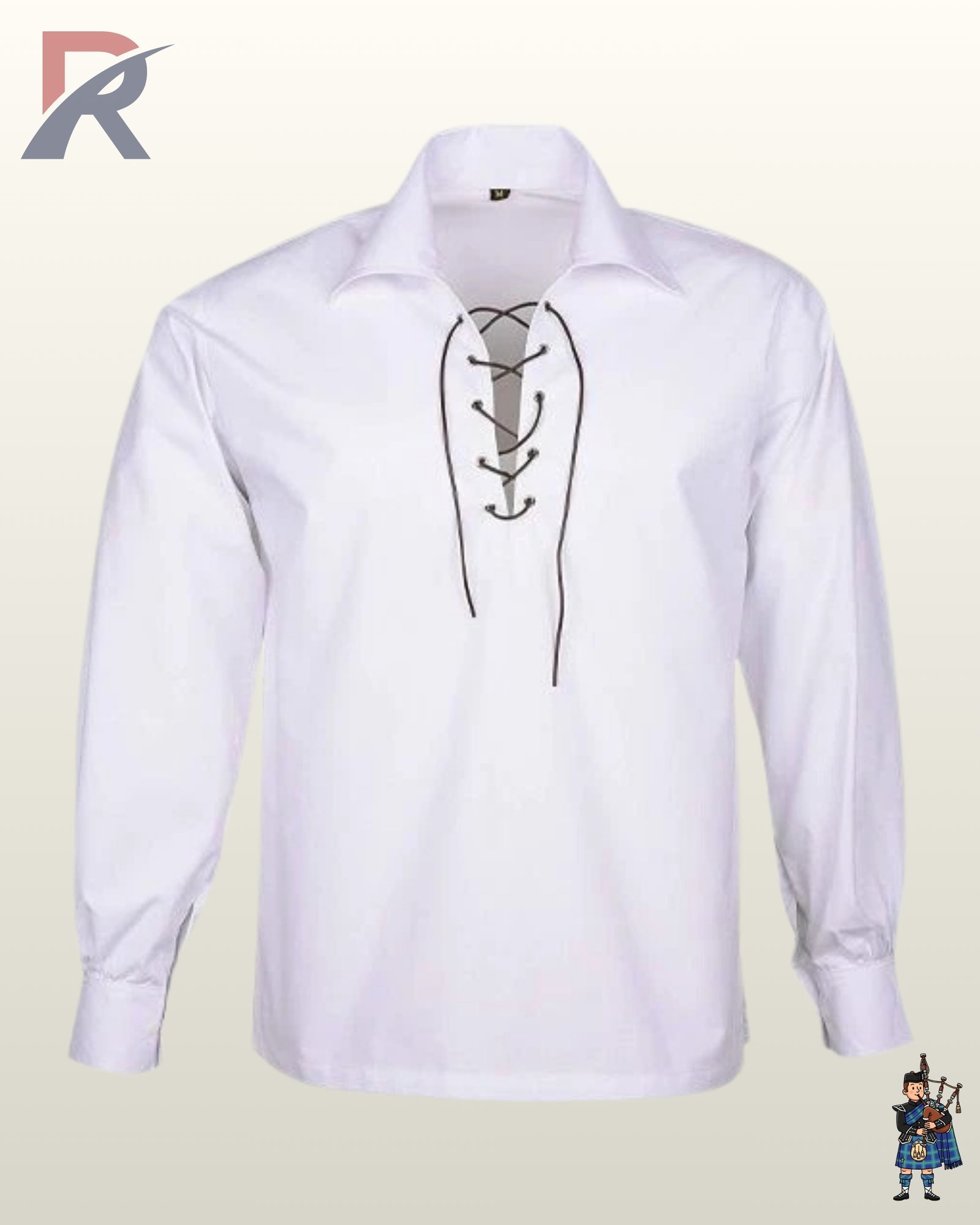 Traditional Scottish white highland ghillie shirt with long puffed sleeves, buttoned cuffs, and a drawstring collar.