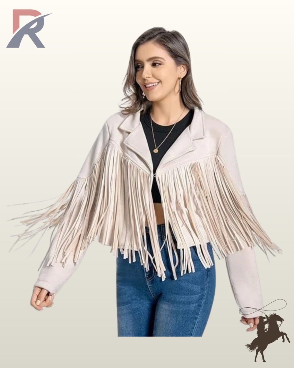 Dynamic action shot of a model wearing a women's beige suede cropped western jacket with flowing fringe details.