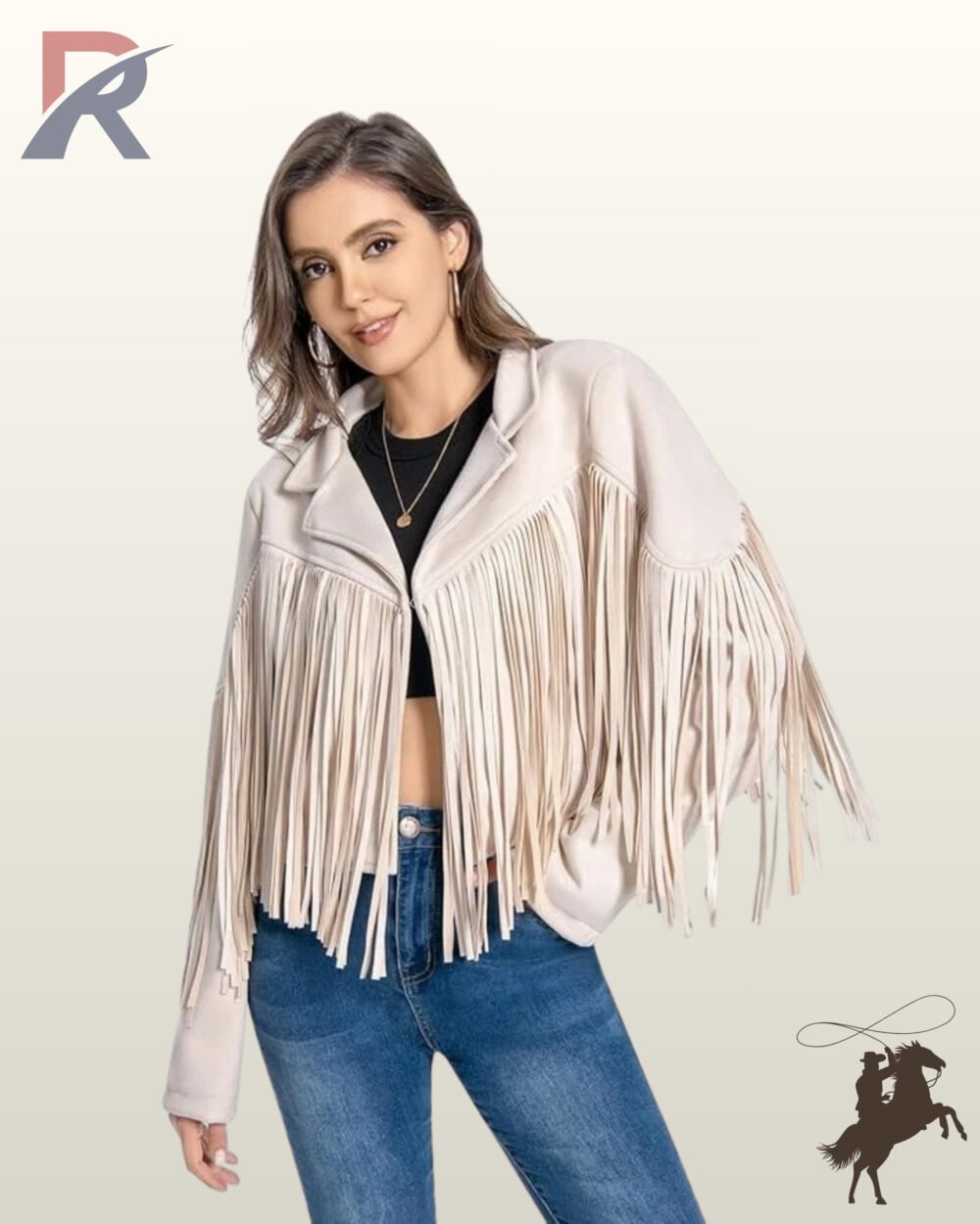 Front view of a model wearing a women's beige suede cropped western fringe jacket styled over a black crop top and blue jeans.