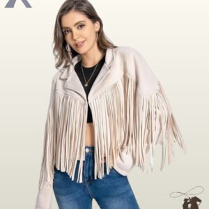 Front view of a model wearing a women's beige suede cropped western fringe jacket styled over a black crop top and blue jeans.