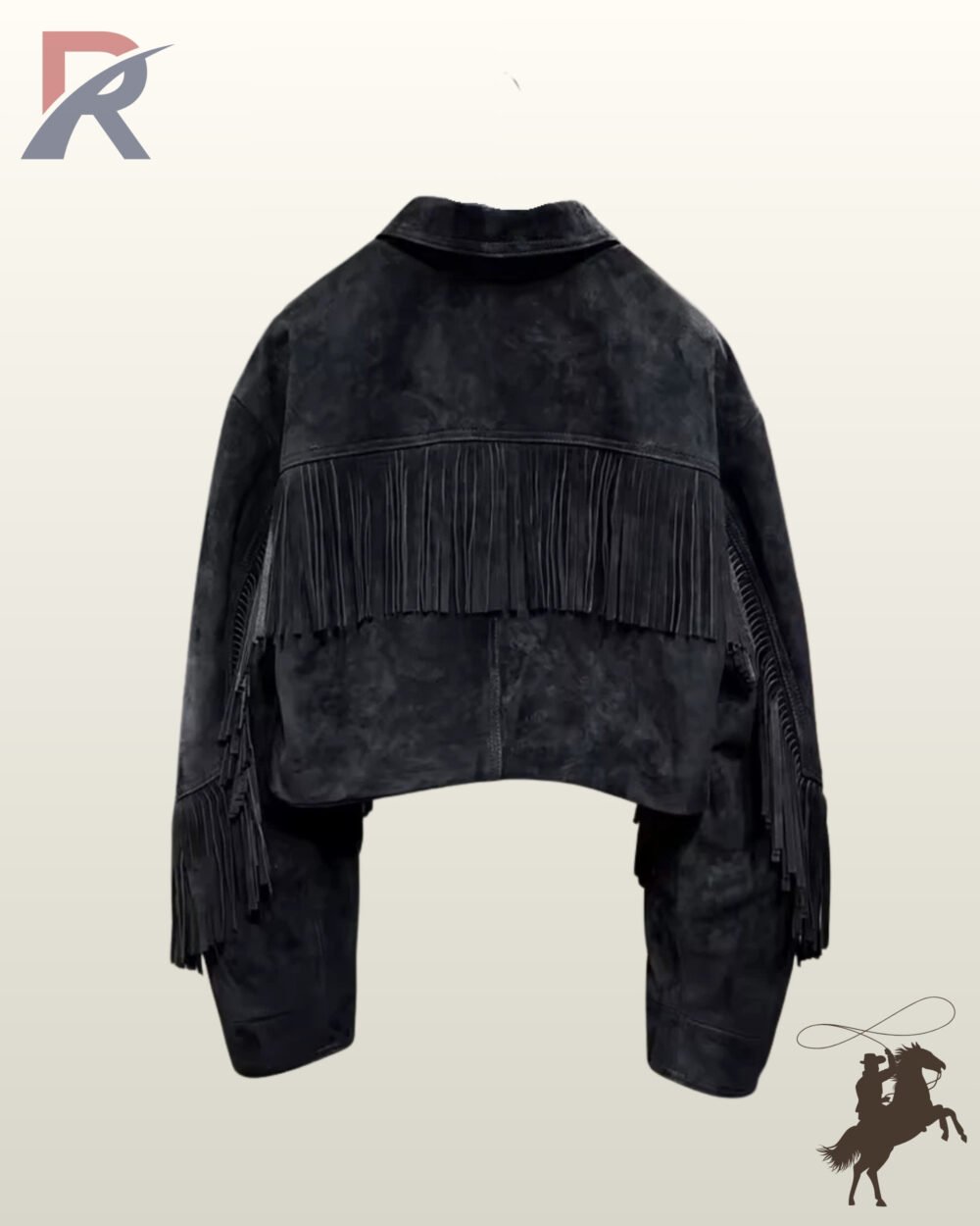 Rear view of a women's black suede cropped western jacket featuring a straight back yoke fringe trim and long arm tassels.
