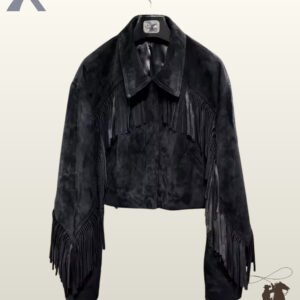 Front view of a women's cropped black suede western jacket with chest fringe, classic shirt collar, and sleeve tassels.