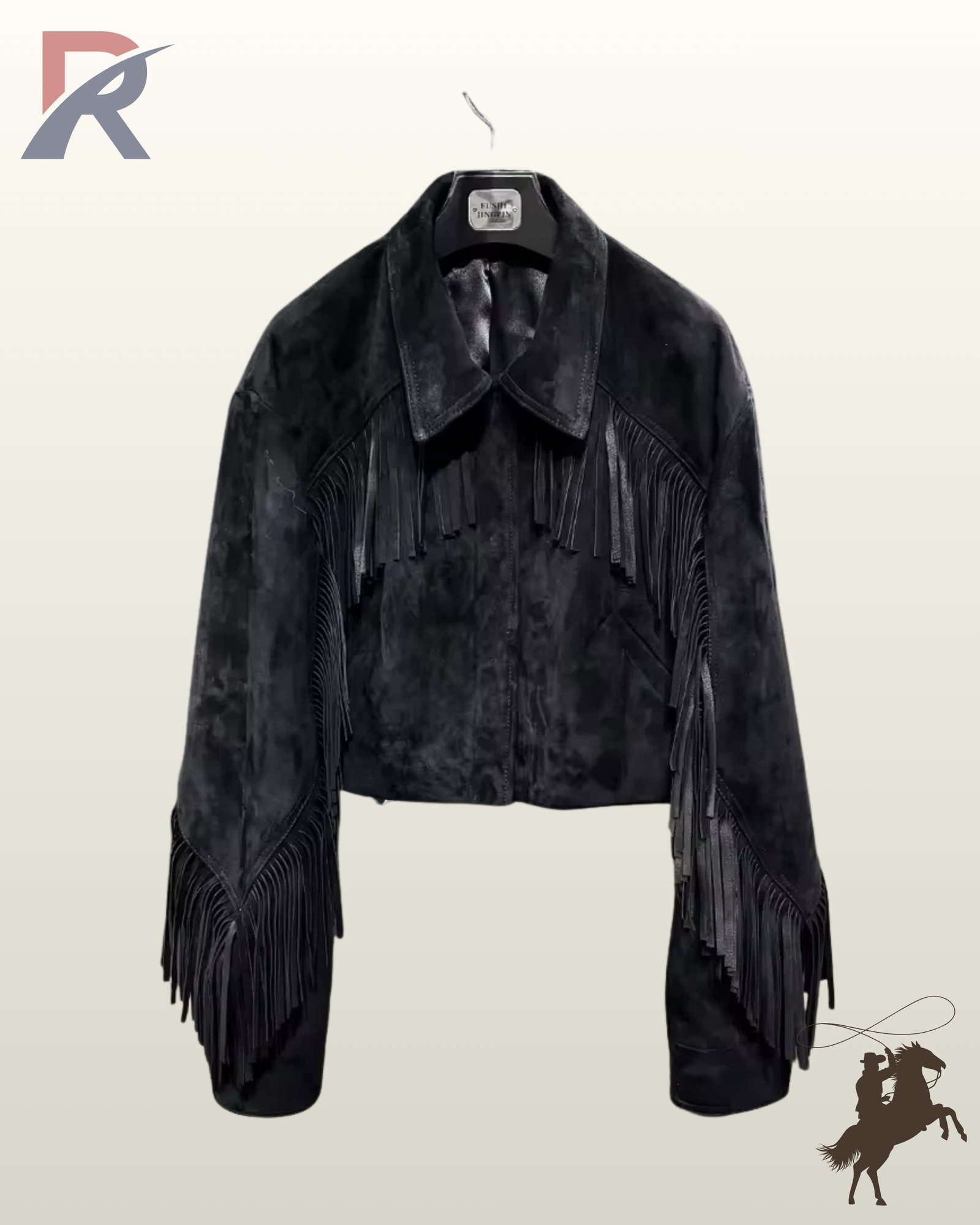 Front view of a women's cropped black suede western jacket with chest fringe, classic shirt collar, and sleeve tassels.