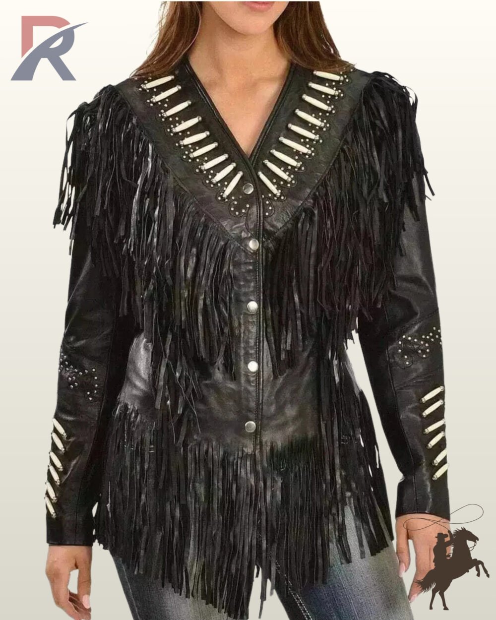 Front view of a model wearing a women's black leather western jacket featuring a V-yoke with white bone pipe beads, snap buttons, and heavy chest fringe.