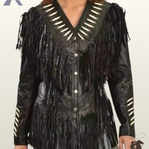 Front view of a model wearing a women's black leather western jacket featuring a V-yoke with white bone pipe beads, snap buttons, and heavy chest fringe.
