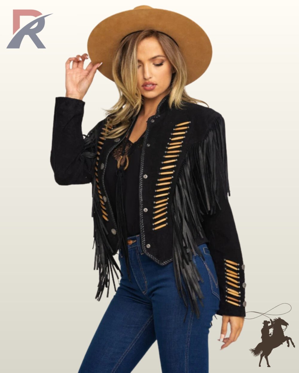 Front view of a model wearing a women's black suede western fringe jacket decorated with vertical bone bead rows, silver concho buttons, and arm tassels.