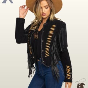 Front view of a model wearing a women's black suede western fringe jacket decorated with vertical bone bead rows, silver concho buttons, and arm tassels.