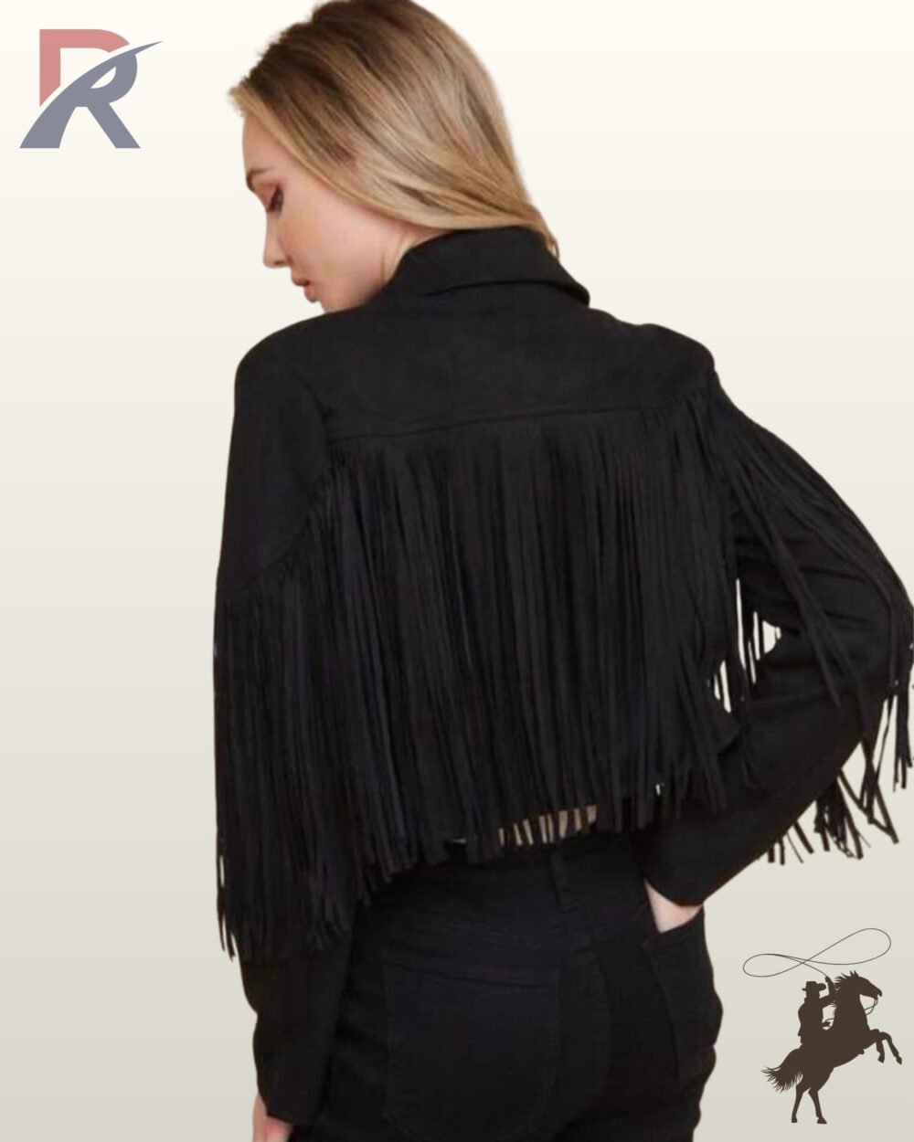 Back profile of a classic cropped black suede cowgirl jacket styled with black jeans and full-length arm fringe.