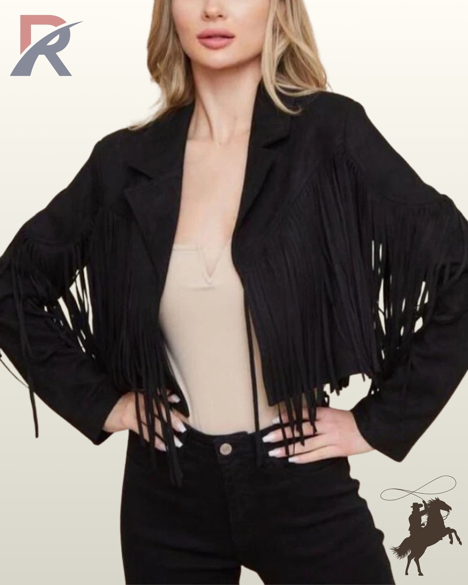 Front view of a model wearing an open cropped black suede western fringe jacket paired with a beige top and black jeans.