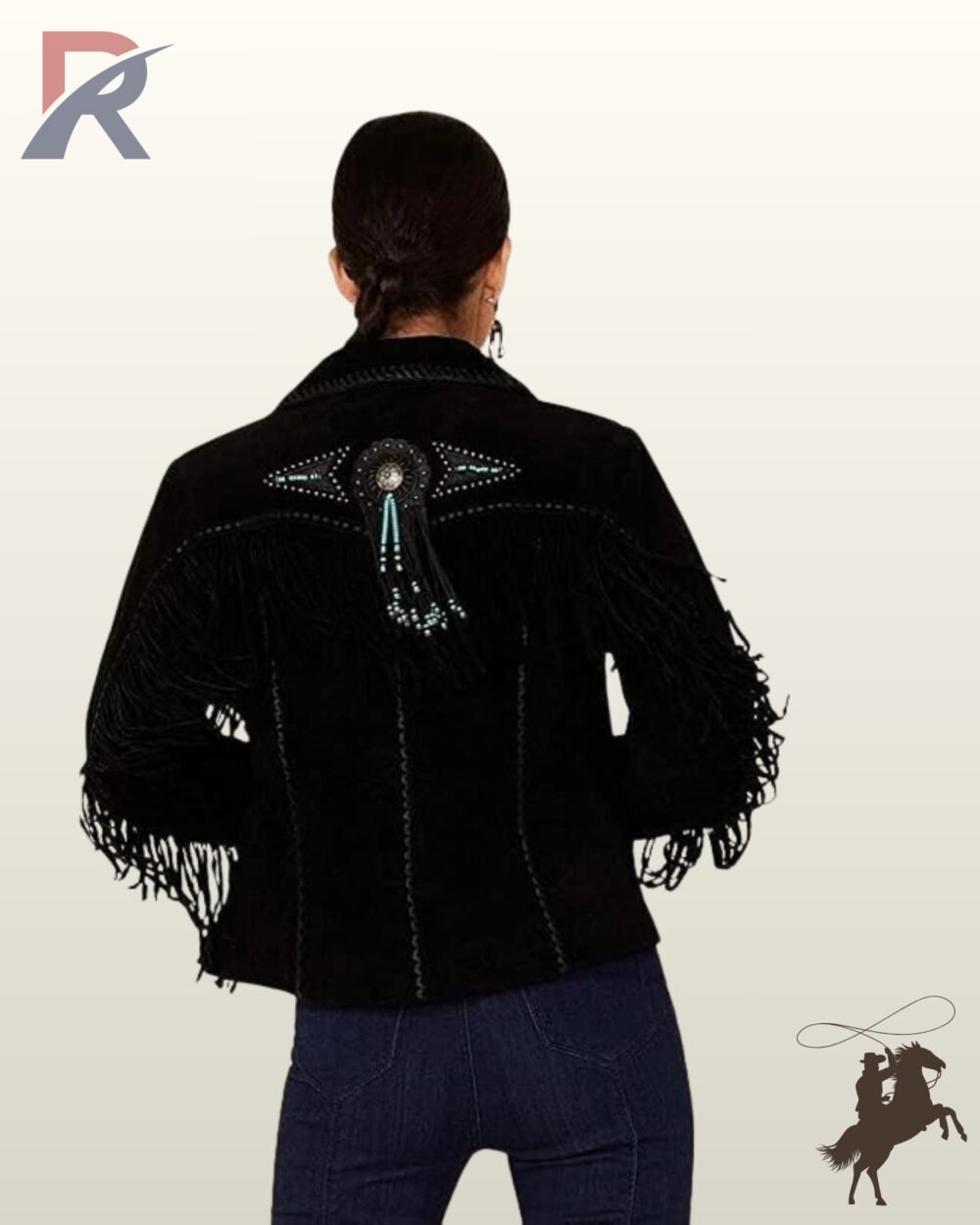 Rear view of a model wearing a women's black suede western jacket featuring Native American turquoise beadwork, a concho dangled medallion, and back yoke fringe.