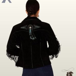 Rear view of a model wearing a women's black suede western jacket featuring Native American turquoise beadwork, a concho dangled medallion, and back yoke fringe.