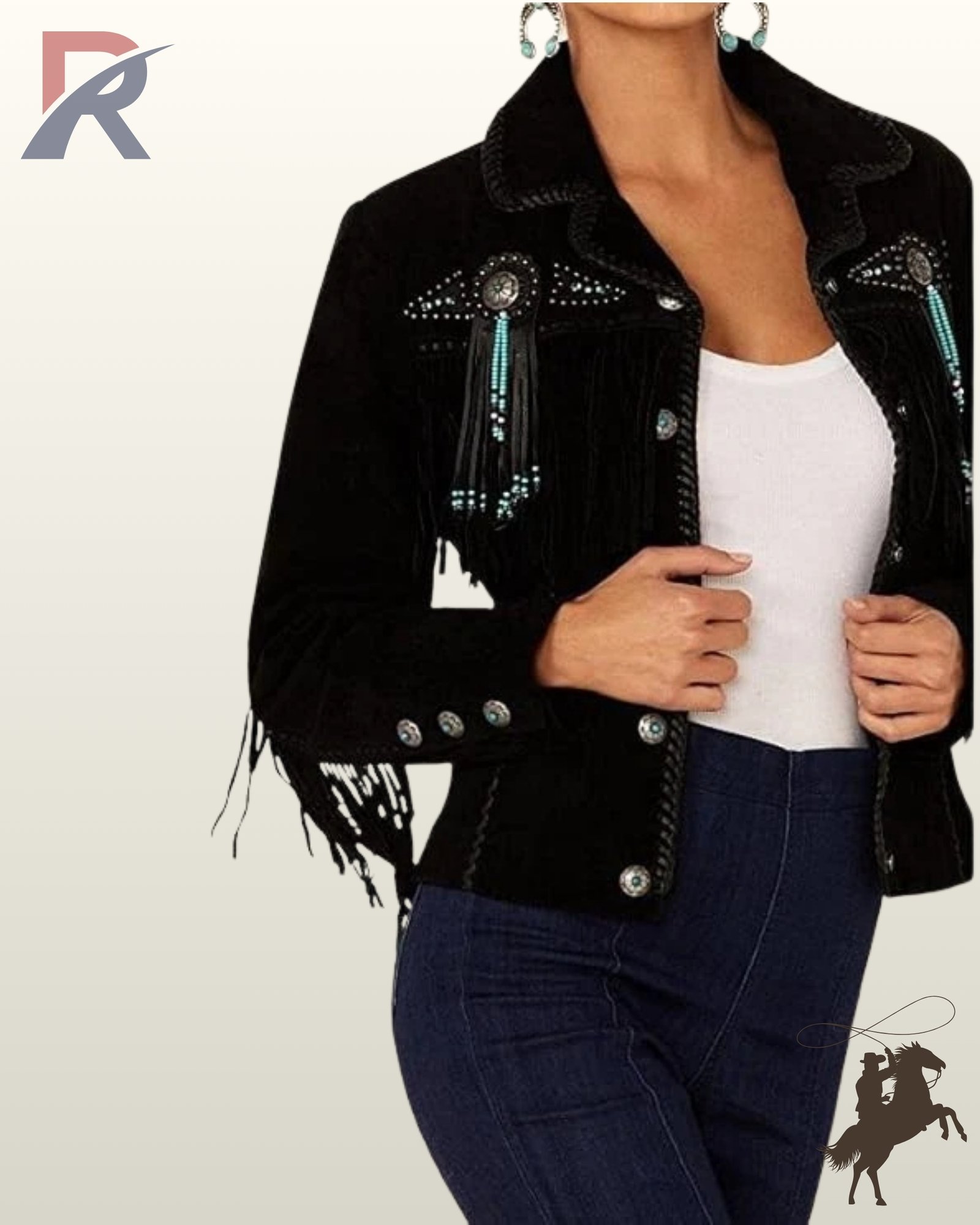 Women's Native American style black suede coat with silver studs, concho dangles, chest fringe, and silver button cuffs paired with dark denim jeans.