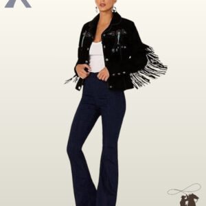 Full-length front view of a model wearing an open black suede western fringe jacket styled over a white tank top, high-waisted flare jeans, and beige boots.