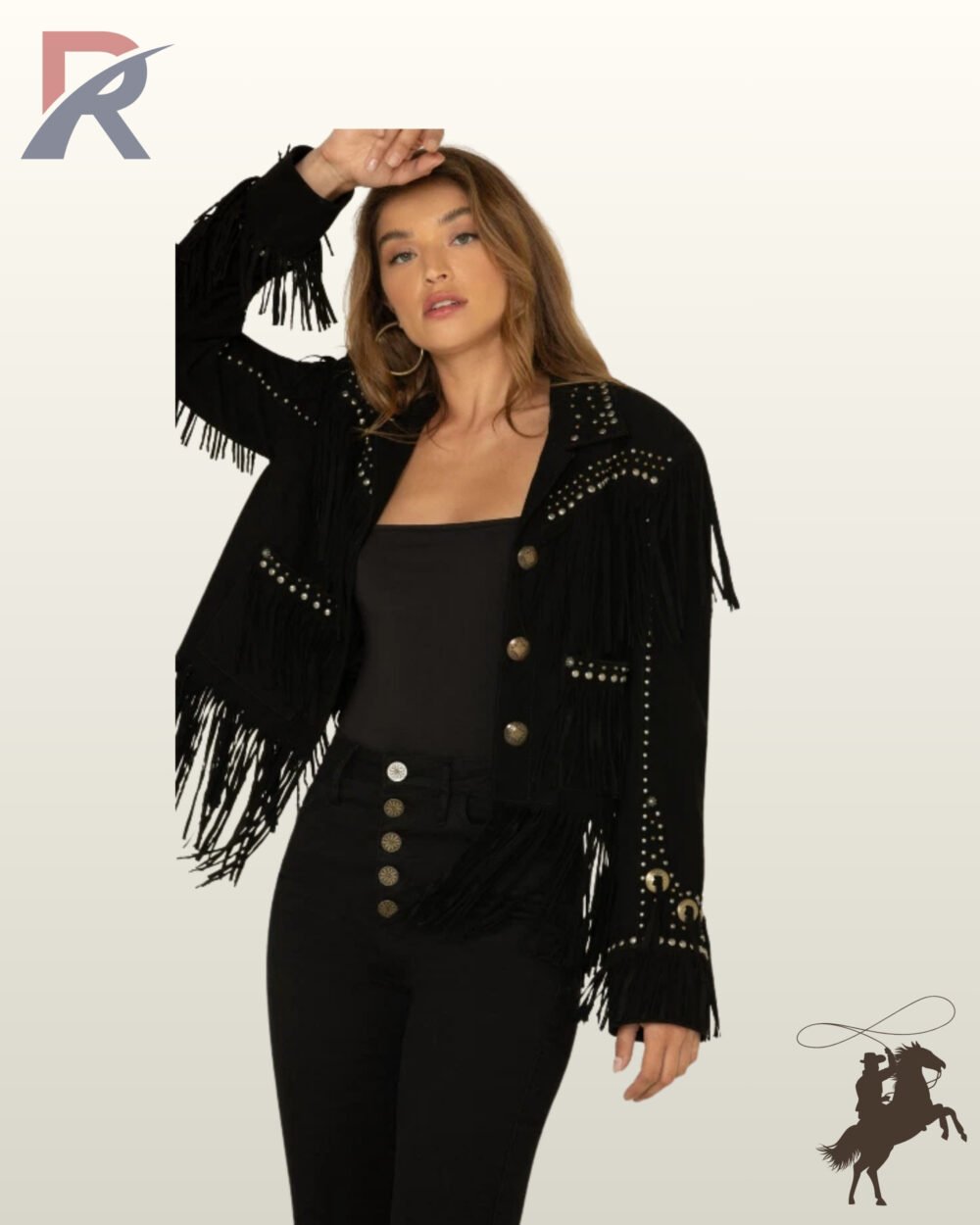 Front view of a model wearing an open black suede western fringe jacket featuring brass buttons, studded chest yokes, and studded cuff trim.