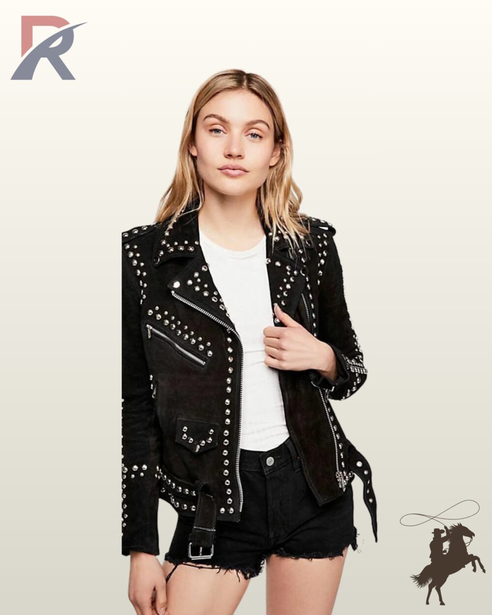 Front view of a model wearing a women's black suede moto biker jacket with silver dome stud embellishments, asymmetrical zip, and waist belt.