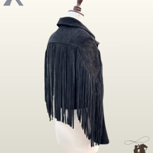 Rear three-quarter view of a black suede western fringe jacket on a mannequin showing full back yoke fringe.