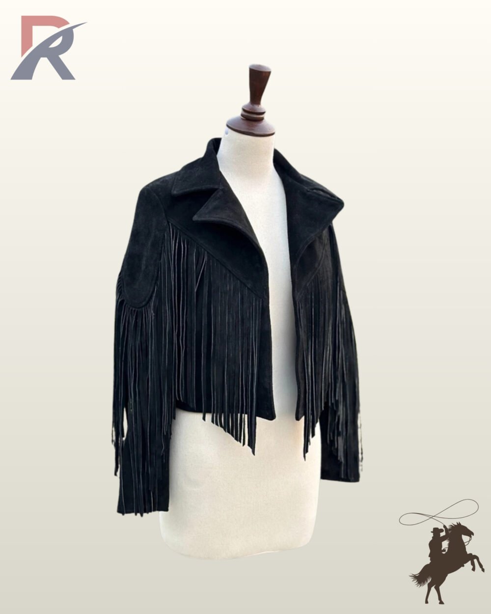 Front view of a open women's black suede western fringe jacket displayed on a dress form mannequin.
