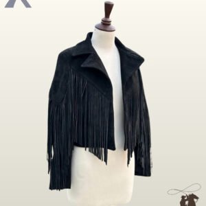 Front view of a open women's black suede western fringe jacket displayed on a dress form mannequin.