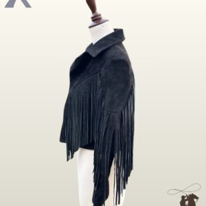 Side profile view of a women's black suede western jacket on a dress form showcasing flowing sleeve fringe.