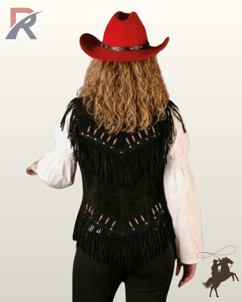 Rear view of a model wearing a black suede western vest featuring a V-shaped fringed yoke, beaded bone pipe embellishments, and a fringed hem.