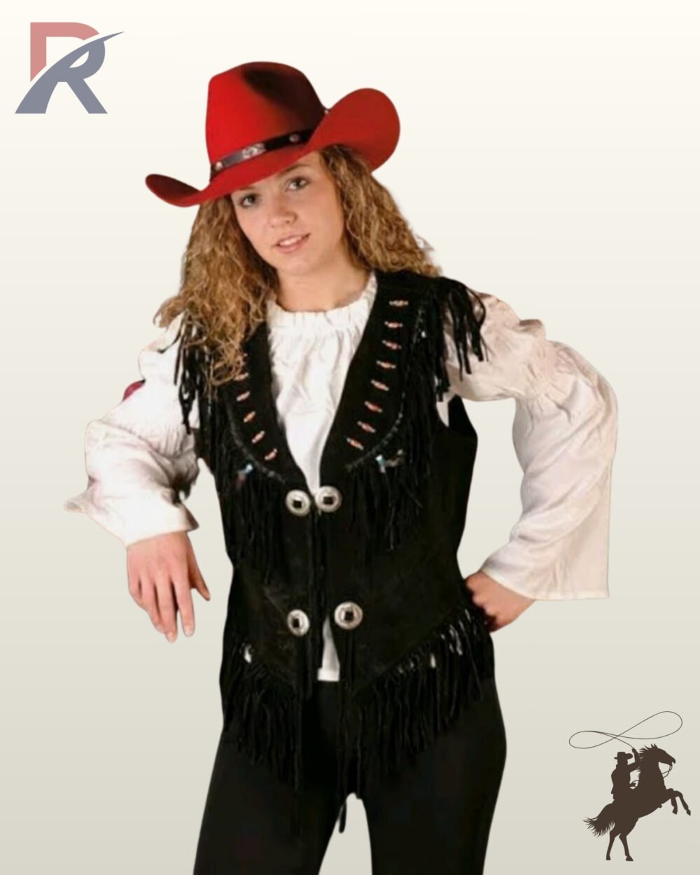 Women's native western style black suede vest styled over a white blouse and red cowboy hat, showcasing chest fringe and silver conchos.