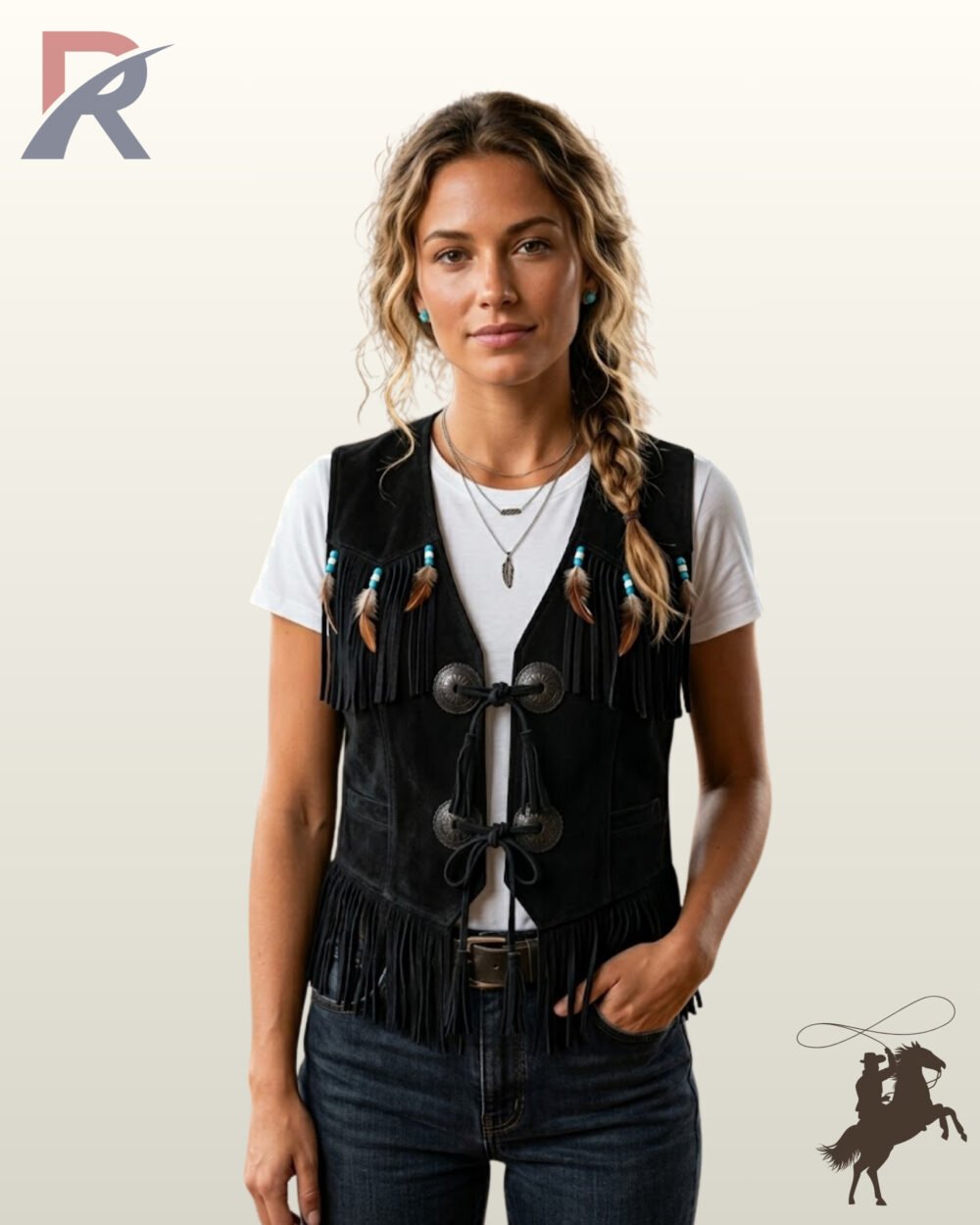 Women's native western style black suede vest styled over a white t-shirt, showcasing chest fringe, feather accents, and dual concho front closures.