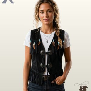 Women's native western style black suede vest styled over a white t-shirt, showcasing chest fringe, feather accents, and dual concho front closures.