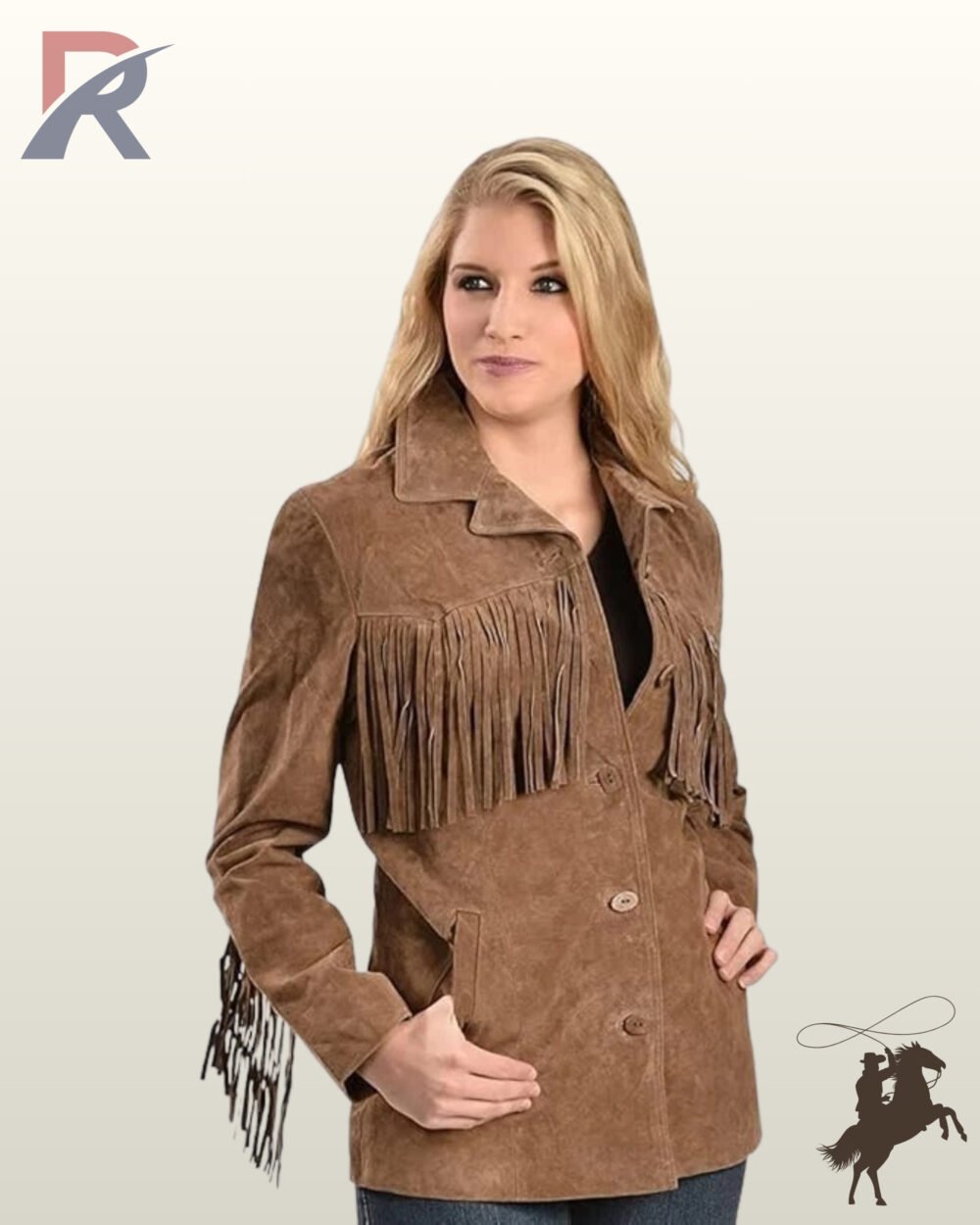 womens-brown-suede-fringe-jacket-angled-front.jpg Angled front view of a blonde model posing in a women's medium brown suede western fringe jacket with hands near pockets.
