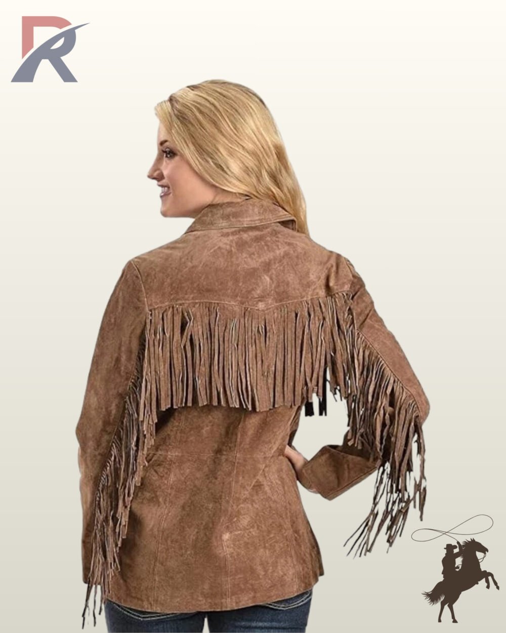 Back profile of a classic women's distressed brown suede cowgirl coat featuring full back fringe and long arm fringe.
