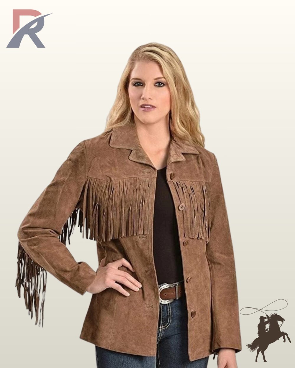 Front view of a blonde model wearing an open medium brown suede western fringe jacket styled with jeans and a western belt buckle.