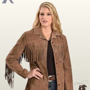 Front view of a blonde model wearing an open medium brown suede western fringe jacket styled with jeans and a western belt buckle.